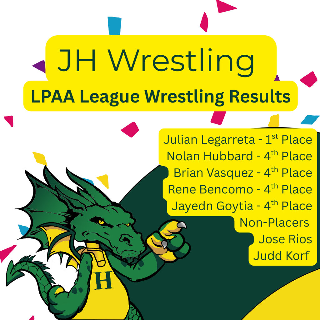 The image features a stylized illustration of a green dragon in the bottom left corner, wearing a yellow singlet with a green letter "H" on it. The dragon has sharp claws, yellow and orange accents on its wings, and a muscular arm raised. The background shows colorful confetti in red, blue, yellow, and pink scattered around. At the top, a yellow rectangle contains the text "JH Wrestling LPAA" in large green letters. Below it, a darker yellow rectangle displays "League Wrestling Results" in bold green text. On the right, another yellow area lists names and placements in green text.
