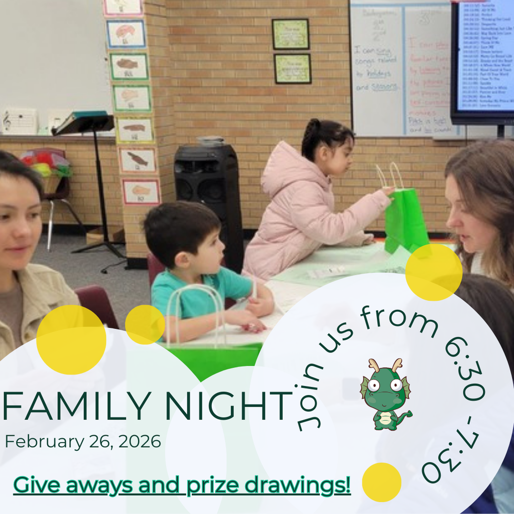 Ready for Family Night? Join us Thursday, Feb 26, 6:30–7:30 PM to explore K–6 math & literacy activities, meet teachers, and enter to win local gift cards! Questions? Call the elementary office at 854-3411.
