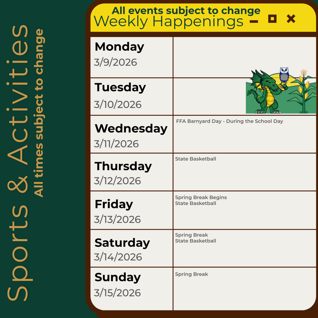 Infographic containing the information for the week. Please call the school for information 970.854.2284