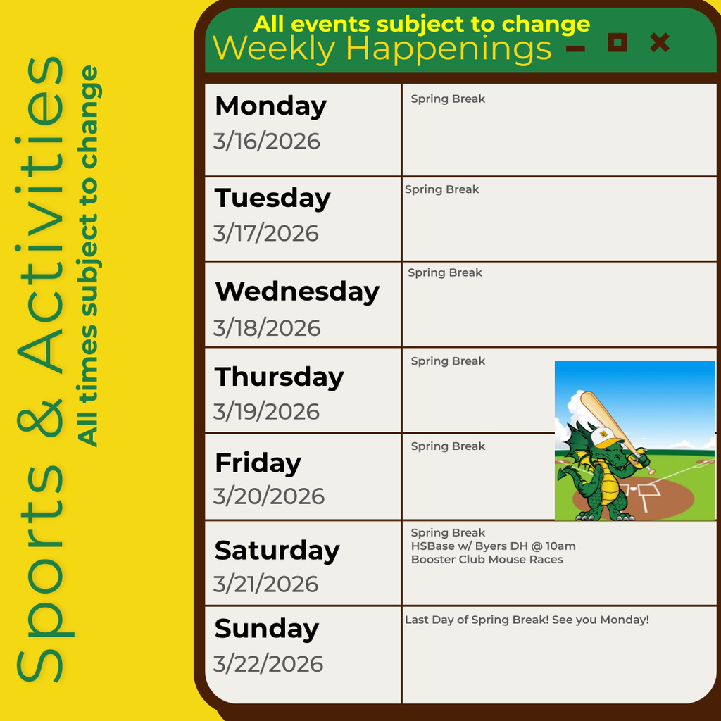 Infographic containing the information for the week. Please call the school for information 970.854.2284