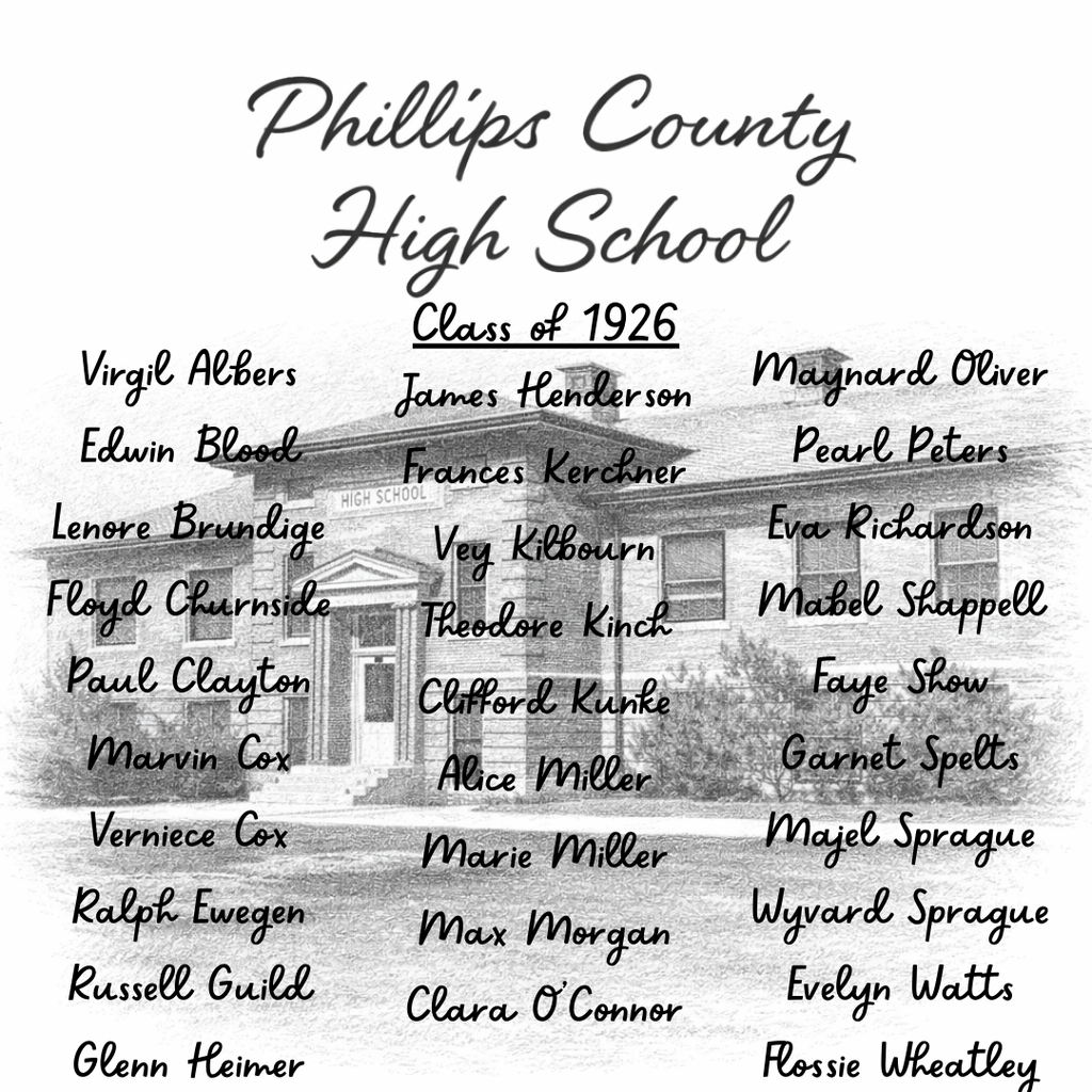 A vintage photograph of "Phillips County High School Class of 1926" with names overlaid.  Transcribed Text:  Phillips County High School Class of 1926 Virgil Albers Edwin Blood Lenore Brundige Floyd Churnside Paul Clayton Marvin Cox Verniece Cox Ralph Ewegen Russell Guild Glenn Heimer James Henderson Frances Kerchner Vey Kilbourn Theodore Kinch Clifford Kunke Alice Miller Marie Miller Max Morgan Clara O'O'Connor Maynard Oliver Pearl Peters Eva Richardson Mabel Shappell Faye Show Garnet Spelts Magel Sprague Wyard Sprague Evelyn Watts Flossie Wheatley