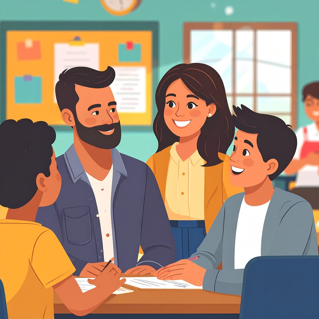 The image depicts a lively and colorful classroom scene where four animated people are gathered around a table. At the center, a smiling man with a beard and dark hair sits beside a woman with long dark hair, also smiling. Two boys, one in a yellow shirt and the other in a grey jacket, are seated opposite each other at the table, engaged in writing on papers. The background shows a bulletin board with visible paper notes, a clock on the wall, and a window with soft light filtering through. A blurred figure in the background suggests another person is present in the room.