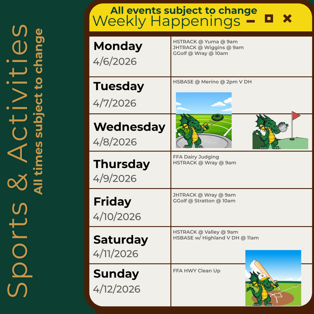 Infographic containing the information for the week. Please call the school for information 970.854.2284