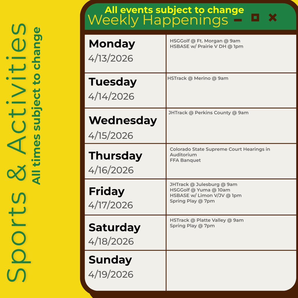 Infographic containing the information for the week. Please call the school for information 970.854.2284