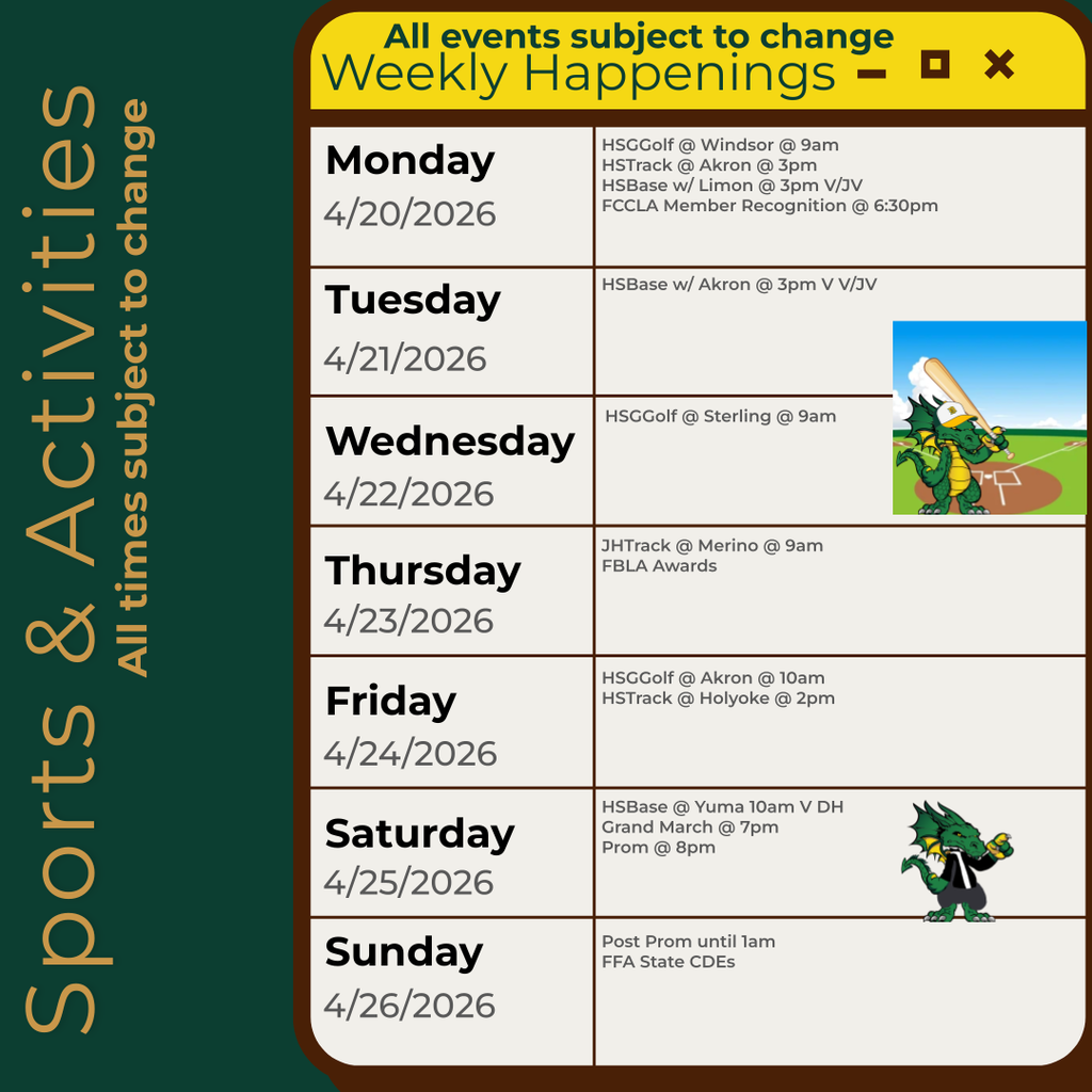 Infographic containing the information for the week. Please call the school for information 970.854.2284