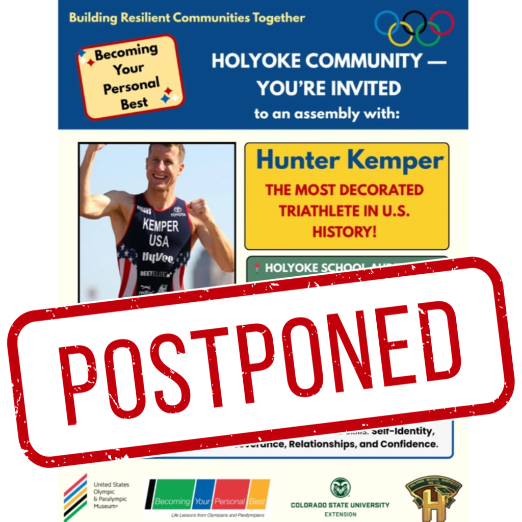 Flyer announcing a postponed assembly with triathlete Hunter Kemper.