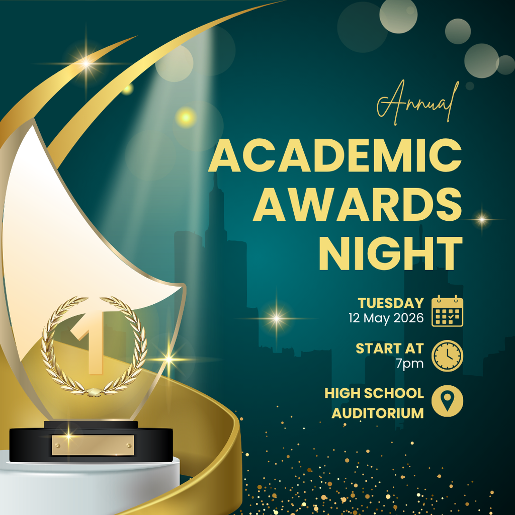 Promotional poster for the Annual Academic Awards Night with a gold trophy and event details on a teal background.