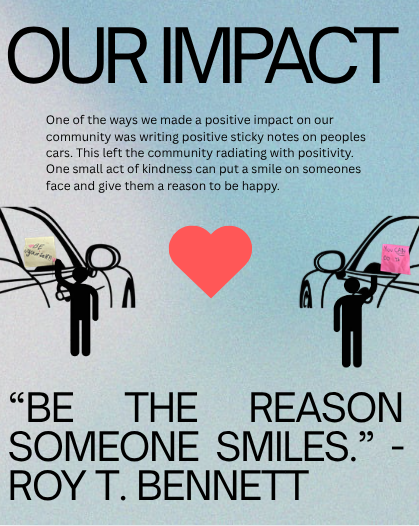 The image is a graphic with a light blue gradient background, featuring two black silhouette figures placing sticky notes on car windows on each side. The cars are simple line drawings. In the center, there's a large red heart. At the top, bold black text reads "OUR IMPACT." Below this, there's smaller text explaining the impact of writing positive sticky notes for the community. At the bottom of the image, there's a large quotation in black text attributed to Roy T. Bennett.