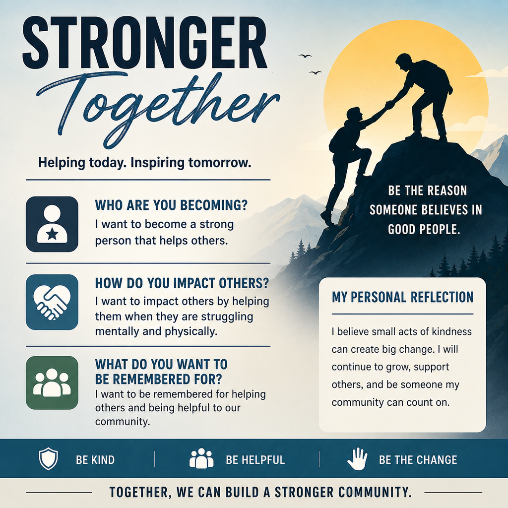 The image features a motivational theme with the title "Stronger Together" in bold navy and script fonts. The background illustrates a silhouette of two people on a mountain peak, with one helping the other up, set against a sunrise or sunset over mountains. Below the title, the text "Helping today. Inspiring tomorrow." is displayed. Three sections contain questions and personal aspirations, each marked with icons: a person with a star, a handshake, and a group of people. A quote next to the mountain scene reads, "Be the reason someone believes in good people." The right side includes a box labeled "My Personal Reflection" with a personal message about kindness. At the bottom, icons with captions: "Be Kind," "Be Helpful," and "Be The Change" are placed above the phrase, "Together, we can build a stronger community."
