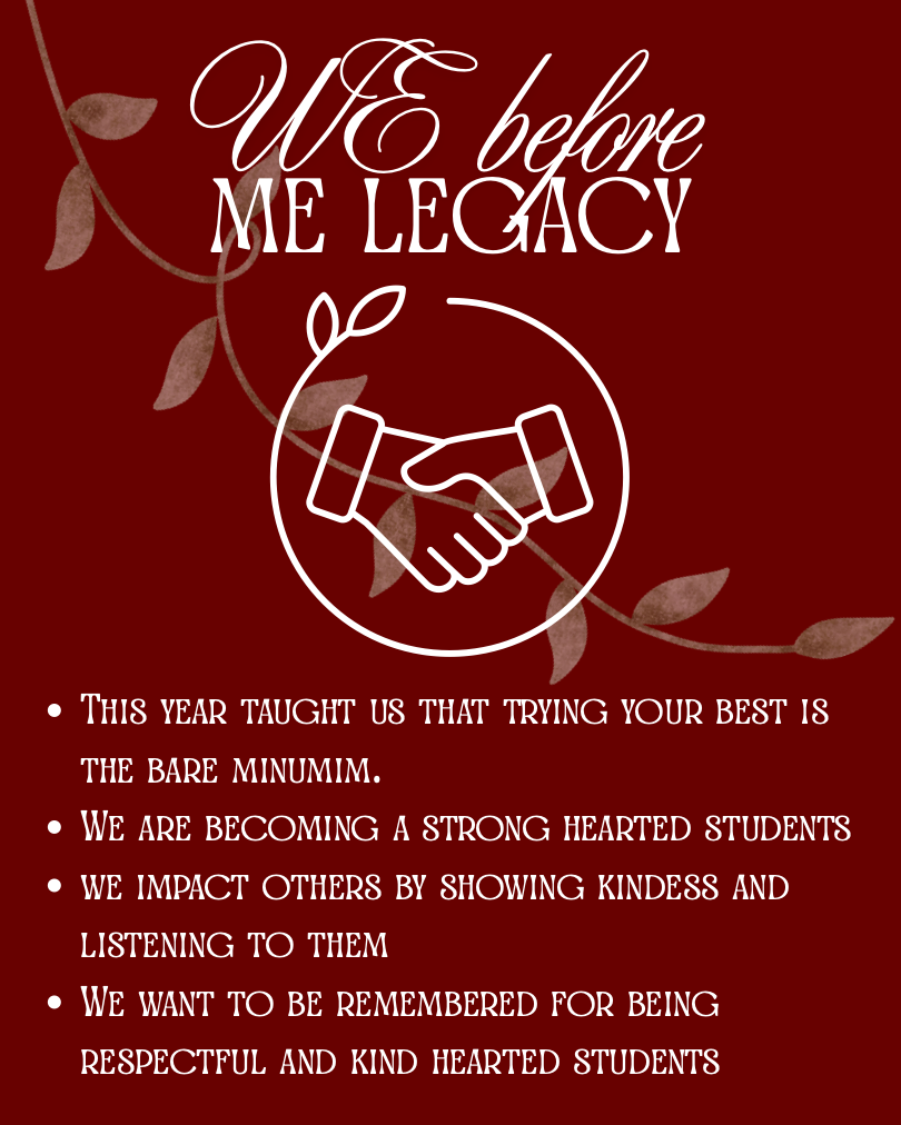 The image has a deep red background with white text. At the top, the phrase "WE before ME LEGACY" is prominently displayed in an elegant font. Below this, an illustration of two hands shaking inside a circle is shown, with a leaf ornament at the top of the circle. A subtle vine with leaves runs diagonally from the top left to the bottom right. Below the illustration, a bulleted list contains text describing reflections and aspirations about respect and kindness.