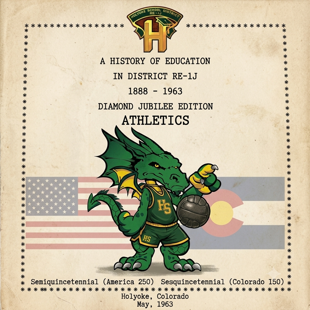 Alt-text:  A vintage poster celebrating athletics in District RE-1J from 1888 to 1963 featuring a green dragon mascot and American and Colorado flags.  Transcribed Text:  Holyoke School District RE-1J A History of Education in District RE-1J 1888 - 1963 Diamond Jubilee Edition Athletics Semi-quincentennial (America 250) Sesquicentennial (Colorado 150) Holyoke, Colorado May, 1963