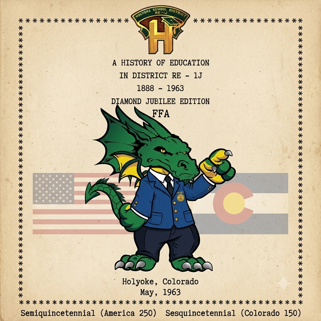 A green dragon in a blue FFA blazer points upward on a beige background with text and flags. Transcribed Text: Holyoke School District RE-1J A HISTORY OF EDUCATION IN DISTRICT RE - 1J 1888 - 1963 DIAMOND JUBILEE EDITION FFA Holyoke, Colorado May, 1963 Semiquincentennial (America 250) Sesquicentennial (Colorado 150)