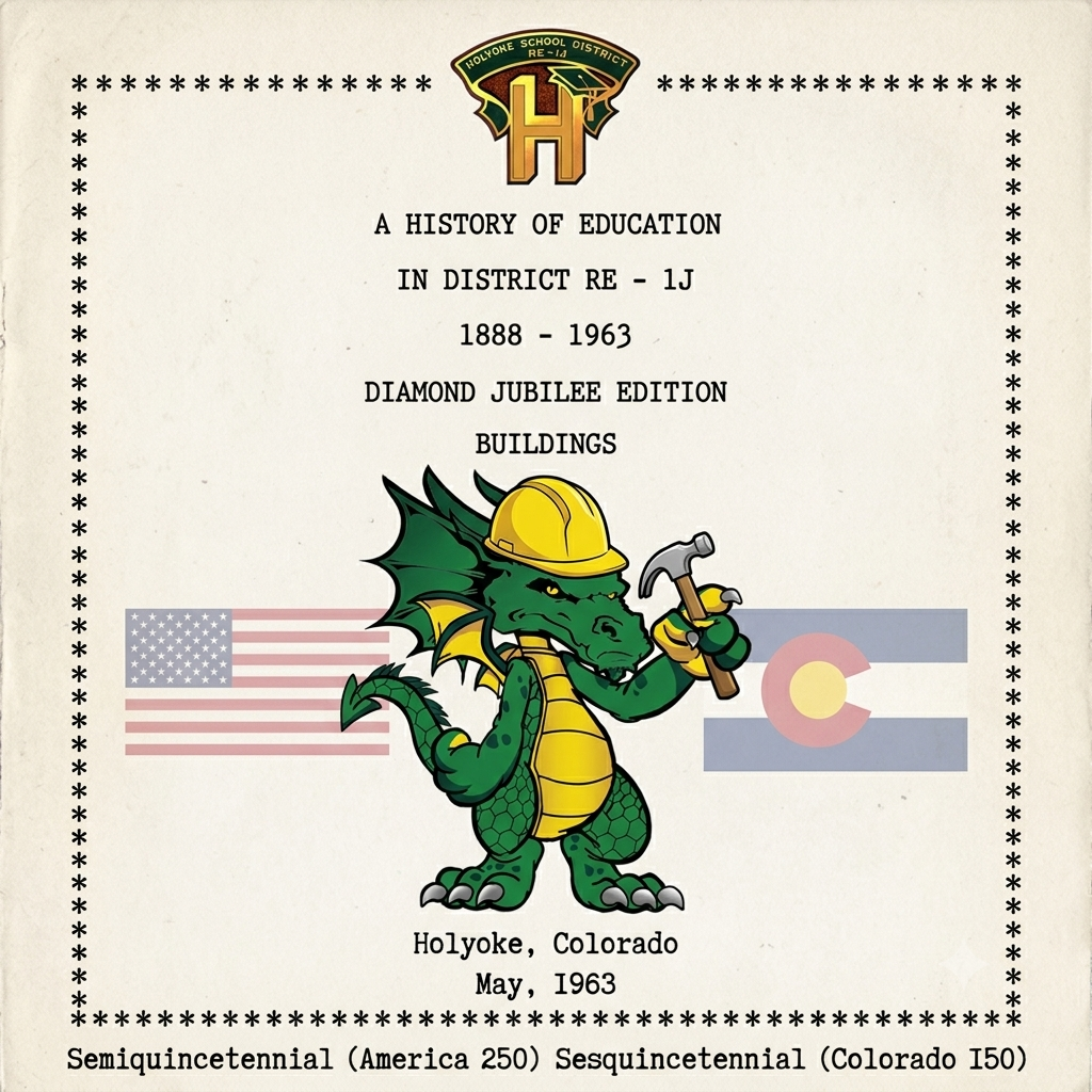 Cover of "A History of Education in District RE-1J," featuring a dragon with flags and a school emblem.  Transcribed Text:  Holyoke School District RE-1J A HISTORY OF EDUCATION IN DISTRICT RE-1J 1888-1963 DIAMOND JUBILEE EDITION BUILDINGS Holyoke, Colorado May, 1963 Semiquincentennial (America 250) Sesquincentennial (Colorado 150)