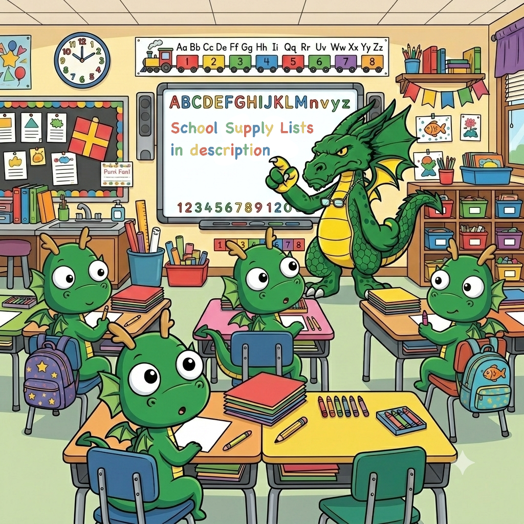 The image depicts a vibrant classroom setting featuring four small green dragons seated at colorful desks, engaged in a lesson. Each dragon has a unique expression, with wide, curious eyes. The instructor, a larger green dragon with yellow accents, stands at the front, holding a yellow object and actively teaching. The classroom is adorned with a chalkboard displaying the alphabet, numbers, and the text āSchool Supply Lists in description.ā Above the blackboard, there is a clock and colorful wall decorations, including charts and class materials. The desks are equipped with various school supplies, such as pencils and notebooks. Brightly colored storage bins line the walls, contributing to the cheerful atmosphere.
