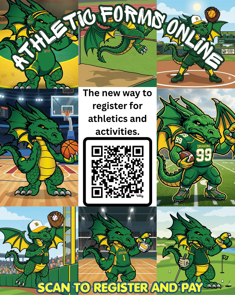 The image is a collage featuring a cartoon dragon mascot representing a sports team. The dragon is predominantly green with yellow accents, showcasing its playful and dynamic character. It is depicted in various athletic poses across different sports settings, including baseball, basketball, volleyball, and football. In the top left, the dragon stands on a wrestling mat, highlighting the text "ATHLETIC FORMS ONLINE" in bold white letters. The top right shows the dragon in a baseball stance, preparing to throw a pitch with a baseball field in the background. The center features the dragon engaging in a basketball pose, ready to shoot, set within a gymnasium backdrop. The bottom left shows the dragon wearing a cap and preparing to catch a baseball. The bottom center displays the dragon in volleyball gear, poised with the volleyball in hand. The bottom right portrays the dragon in a golfing environment, swinging a golf club. In the center of the collage is a QR code, surrounded by the phrases: "The new way to register for athletics and activities" and "SCAN TO REGISTER AND PAY."