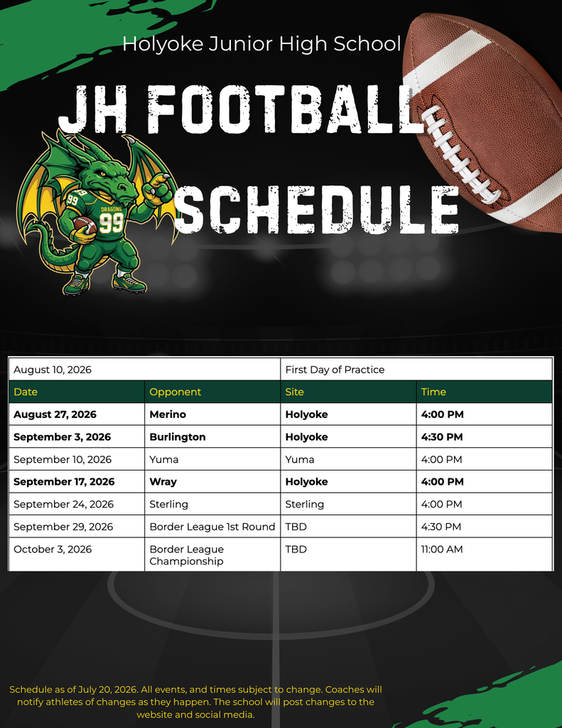 Football schedule for Holyoke High School featuring a green dragon mascot on the left and a table with game dates, opponents, sites, and times.