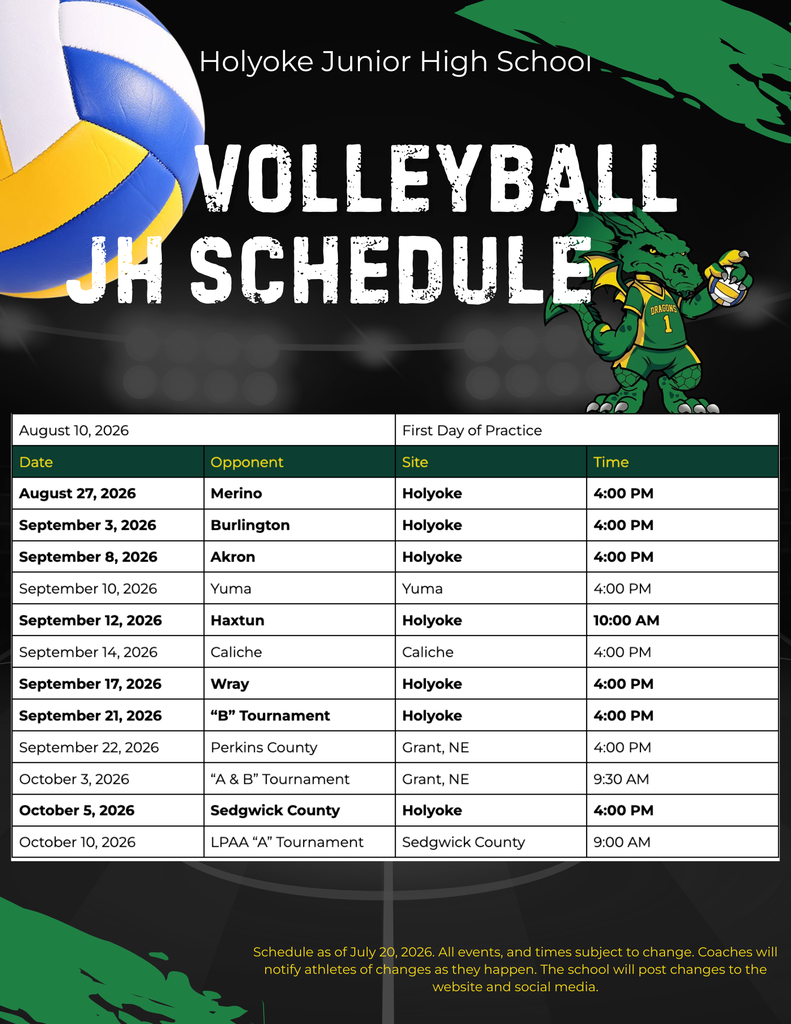 Volleyball schedule for Holyoke High School, featuring dates, opponents, sites, and times in a table format on a black background with a volleyball graphic and school mascot.