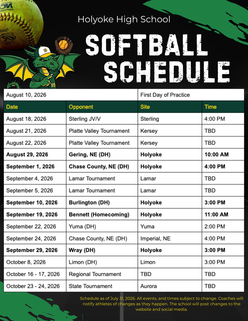 Holyoke High School softball schedule, listing game dates, opponents, locations, and times, with a colorful dragon mascot and a softball illustration.