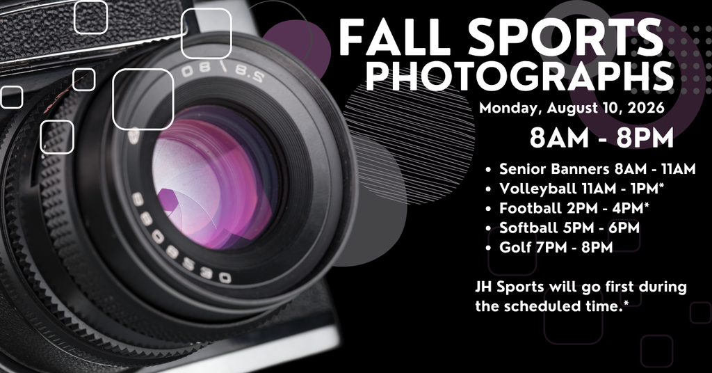 Close-up of a camera lens with a purple hue, surrounded by geometric shapes. Text announces "FALL SPORTS PHOTOGRAPHS" and provides an event schedule for August 10, 2026.