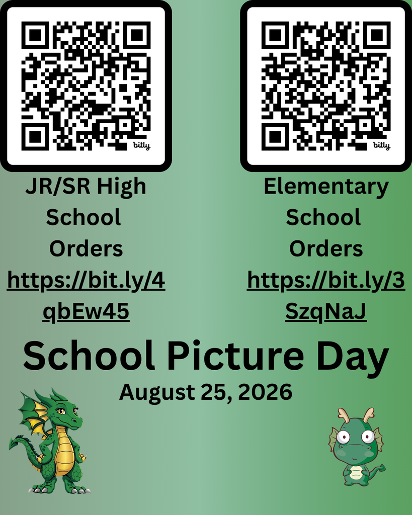 The image features a green gradient background. On the left side, there is a QR code labeled "JR/SR High School Orders" followed by a URL: "https://bit.ly/4qbEw45." On the right side, another QR code is presented, labeled "Elementary School Orders" with the URL: "https://bit.ly/3SzqNaJ." Beneath both QR codes is the text "School Picture Day" prominently displayed in bold, black font. The date "August 25, 2026" is centered below this text. Two cartoon dragons are illustrated at the bottom corners; the dragon on the left is yellow with green accents, while the dragon on the right is a lighter green with large eyes, adding a playful touch to the overall design.