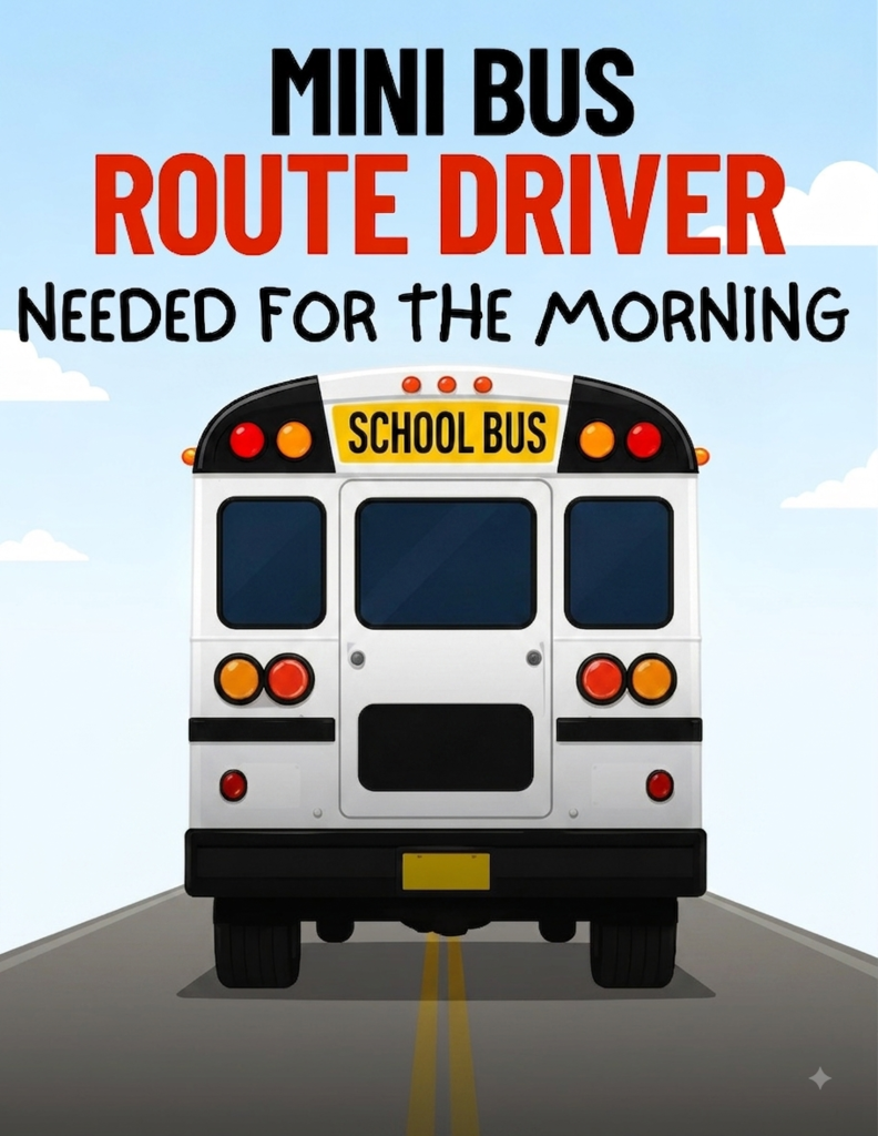 White Mini Bus driving away on the road. The text reads Mini Bus Driver needed for the morning