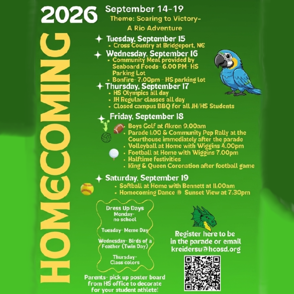 Homecoming 2026 flyer with a green and yellow theme, titled "Soaring to Victory - A Rio Adventure" running September 14–19. The schedule lists events including:  Tuesday, Sept 15: Cross Country at Bridgeport, NE.  Wednesday, Sept 16: Community Meal by Seaboard Foods at 6:00 PM (HS parking lot) followed by a Bonfire at 7:00 PM.  Thursday, Sept 17: HS Olympics all day and a closed campus BBQ for JH/HS students.  Friday, Sept 18: Boys Golf at Akron (9:00 AM), Parade at 1:00 PM followed by a Pep Rally at the Courthouse, Volleyball vs. Wiggins (4:00 PM), Football vs. Wiggins (7:00 PM), Halftime festivities, and King & Queen Coronation after the game.  Saturday, Sept 19: Softball vs. Bennett (11:00 AM) and Homecoming Dance at Sunset View (7:30 PM).  Dress-up days include Meme Day (Tuesday), Birds of a Feather Twin Day (Wednesday), and Class Colors (Thursday). The poster features a blue parrot illustration, a green dragon mascot logo, parade registration details with a QR code, and a reminder for parents to pick up poster boards at the HS office.