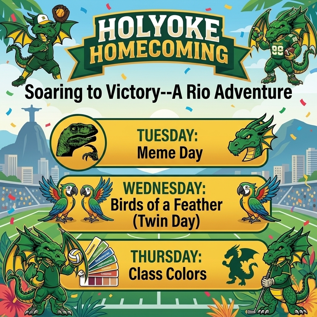 A square infographic announcing Holyoke Homecoming, themed "Soaring to Victory—A Rio Adventure." The background is a fusion of a football stadium and the Rio de Janeiro skyline, including the Christ the Redeemer statue. At the top center, the "Holyoke Homecoming" title is flanked by the cartoon baseball dragon (from image_1.png) on the left and the football dragon (from image_3.png) on the right. Below the title is the main theme text. The center features three stacked yellow panels outlining the spirit days: Tuesday (Meme Day, with a 'Philosoraptor' meme icon), Wednesday (Birds of a Feather/Twin Day, with two parrots), and Thursday (Class Colors, with a color swatch fan). The bottom of the graphic features the volleyball dragon (from image_4.png) and the golfer dragon (from image_2.png) amongst tropical hibiscus flowers. Confetti is scattered throughout the entire image.