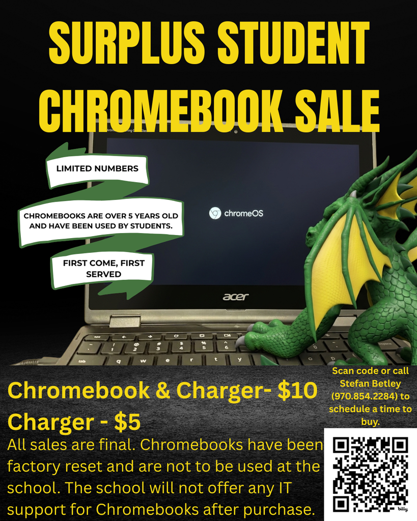 Flyer advertising a surplus student Chromebook sale, with an Acer Chromebook, green dragon figurine, prices, purchase terms, contact information, and a QR code.