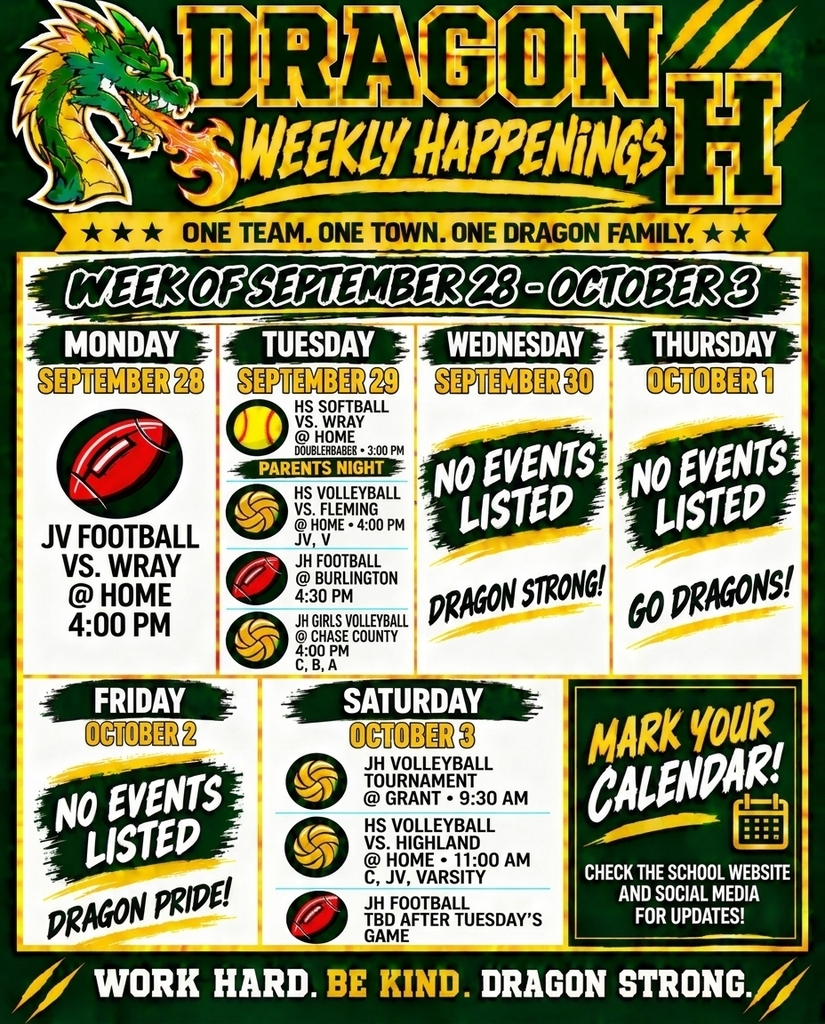 Infographic titled "Dragon Weekly Happenings" for the week of September 28 – October 3, featuring a green and yellow school mascot graphic and sports schedule.  Header: "One Team. One Town. One Dragon Family."  Schedule Details:  Monday, September 28: JV Football vs. Wray at Home, 4:00 PM.  Tuesday, September 29 (Parents Night):  HS Softball vs. Wray at Home (Doubleheader), 3:00 PM.  HS Volleyball vs. Fleming at Home, 4:00 PM (JV, V).  JH Football @ Burlington, 4:30 PM.  JH Girls Volleyball @ Chase County, 4:00 PM (C, B, A).  Wednesday, September 30: No events listed ("Dragon Strong!").  Thursday, October 1: No events listed ("Go Dragons!").  Friday, October 2: No events listed ("Dragon Pride!").  Saturday, October 3:  JH Volleyball Tournament @ Grant, 9:30 AM.  HS Volleyball vs. Highland at Home, 11:00 AM (C, JV, Varsity).  JH Football TBD after Tuesday's game.  Sidebar / Footer: "Mark Your Calendar! Check the school website and social media for updates!" Footer slogan: "Work Hard. Be Kind. Dragon Strong."