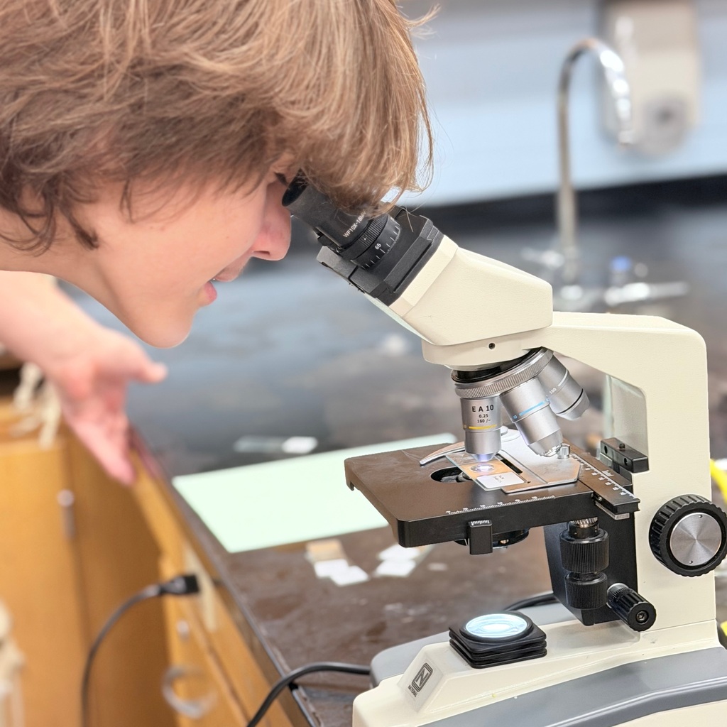 Student looking at a microscope