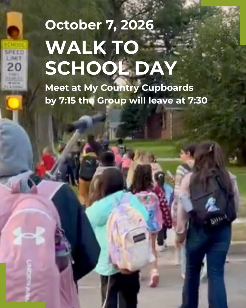 A promotional graphic overlays a blurred photograph of children and adults walking along a tree-lined sidewalk. Several children wear backpacks, including a large pink backpack in the foreground and a pastel backpack near the center. An adult walks on the right, carrying a black backpack. A school-zone speed-limit sign and flashing yellow signal appear on the left. White text is centered across the upper half of the image, with green corner accents at the top right and bottom left.