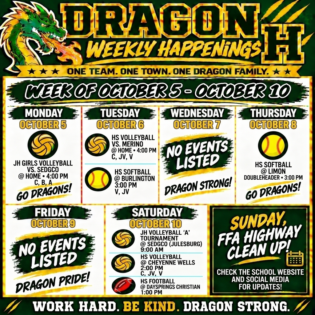 An infographic titled "DRAGON WEEKLY HAPPENINGS" at the top, featuring a green and orange fire-breathing dragon and a stylized letter "H." Below the title is a yellow banner reading, "*** ONE TEAM. ONE TOWN. ONE DRAGON FAMILY. ***"  The central part of the image contains a horizontal grid titled "WEEK OF OCTOBER 5 - OCTOBER 10" on a dark green grunge banner. Each day has a small sport icon and a bold "GO DRAGONS!" or "DRAGON STRONG!" slogan.  MONDAY, OCTOBER 5: JH Girls Volleyball vs. SEDGCO @ Home, 4:00 PM (C, B, A levels). Illustrated with a volleyball.  TUESDAY, OCTOBER 6: HS Volleyball vs. Merino @ Home, 4:00 PM (C, JV, V levels). HS Softball @ Burlington, 3:00 PM (V, JV levels). Illustrated with volleyball and softball icons.  WEDNESDAY, OCTOBER 7: No Events Listed. "DRAGON STRONG!"  THURSDAY, OCTOBER 8: HS Softball @ Limon, Doubleheader, 3:00 PM. Illustrated with a softball.  FRIDAY, OCTOBER 9: No Events Listed. "DRAGON PRIDE!"  SATURDAY, OCTOBER 10: (Three events) JH Volleyball "A" Tournament @ SEDGCO (Julesburg), 9:00 AM. HS Volleyball @ Cheyenne Wells, 2:00 PM (C, JV, V levels). HS Football @ Daysprings Christian, 1:00 PM. Illustrated with volleyball and football icons.  In a separate dark green box on the lower right: "SUNDAY, FFA HIGHWAY CLEAN UP!" with a small calendar icon. Below it: "Check the school website and social media for updates!"  At the very bottom, in white and yellow text: "WORK HARD. BE KIND. DRAGON STRONG." The entire graphic has a high-energy green and gold theme with claw mark accents.