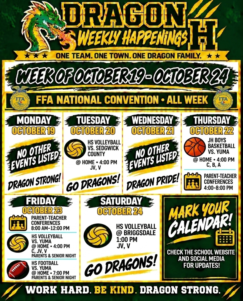 Dragon Weekly Happenings Infographic  A weekly events calendar for the week of October 19 to October 24, featuring a green and yellow dragon logo and stylized text.