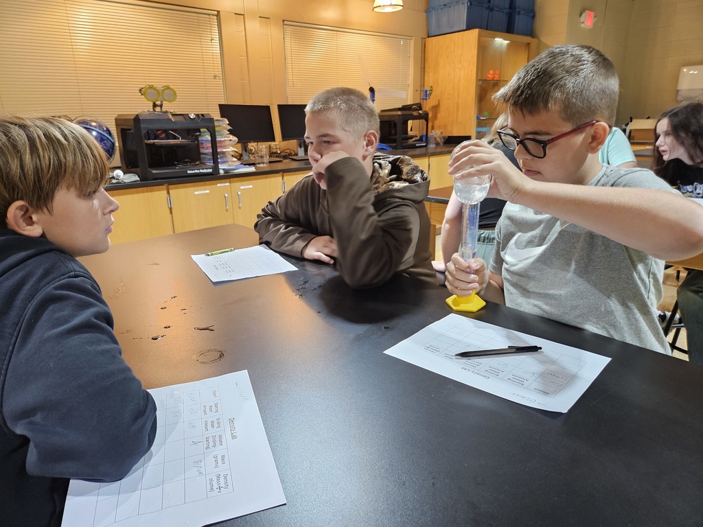 A student pours water into a graduated cylinder while others in the group watch.