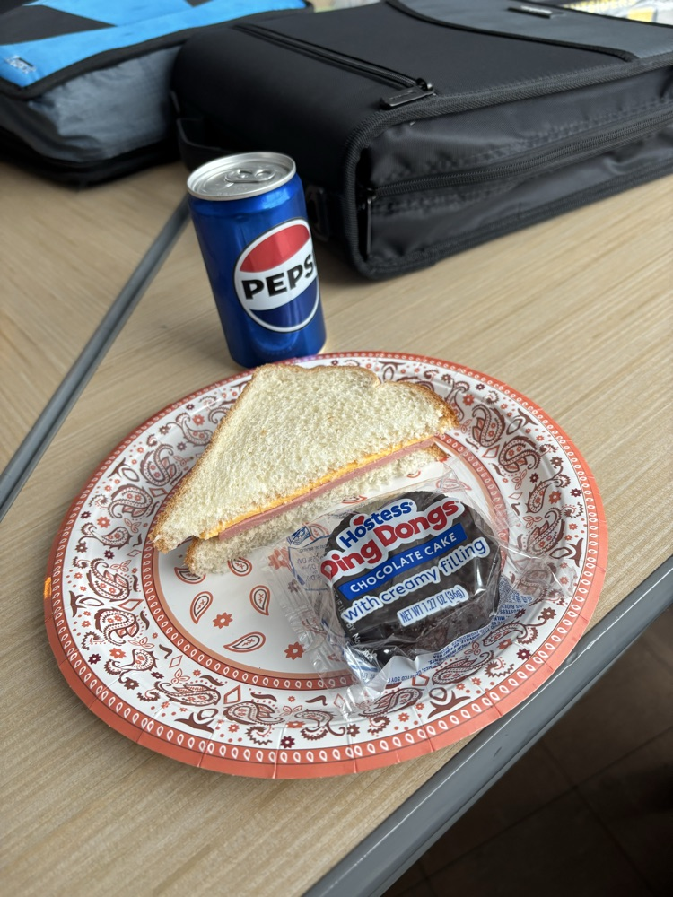 A plate with a bologna sandwich, Ding Dong, and Pepsi  