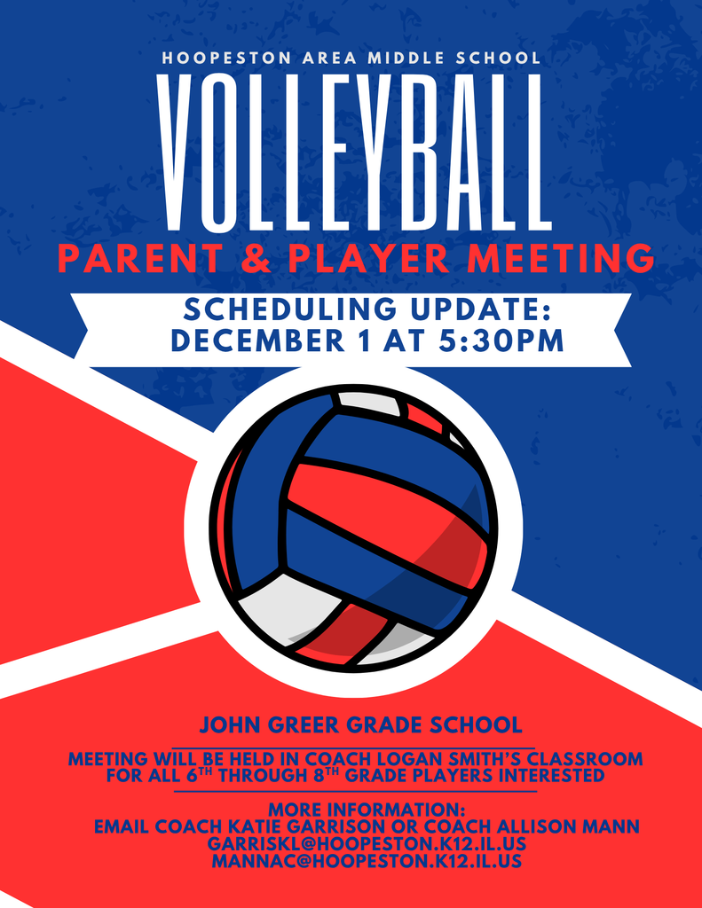 We are adjusting our Volleyball Parent/Player Meeting date to better accommodate everyone’s schedules that may be impacted by e-learning or the holidays. 🏐 📅 New Meeting Date: Monday, December 1 ⏰ 5:30 PM 📍 John Greer Open Gyms: • Tuesday, December 2 🗓️ • Thursday, December 4 🗓️ Tryouts: • Monday, December 8 • Tuesday, December 9 👉 Players must attend at least one tryout day. This meeting is for any HAMS student interested in playing volleyball this season. We’re looking forward to a great start! 💙❤️