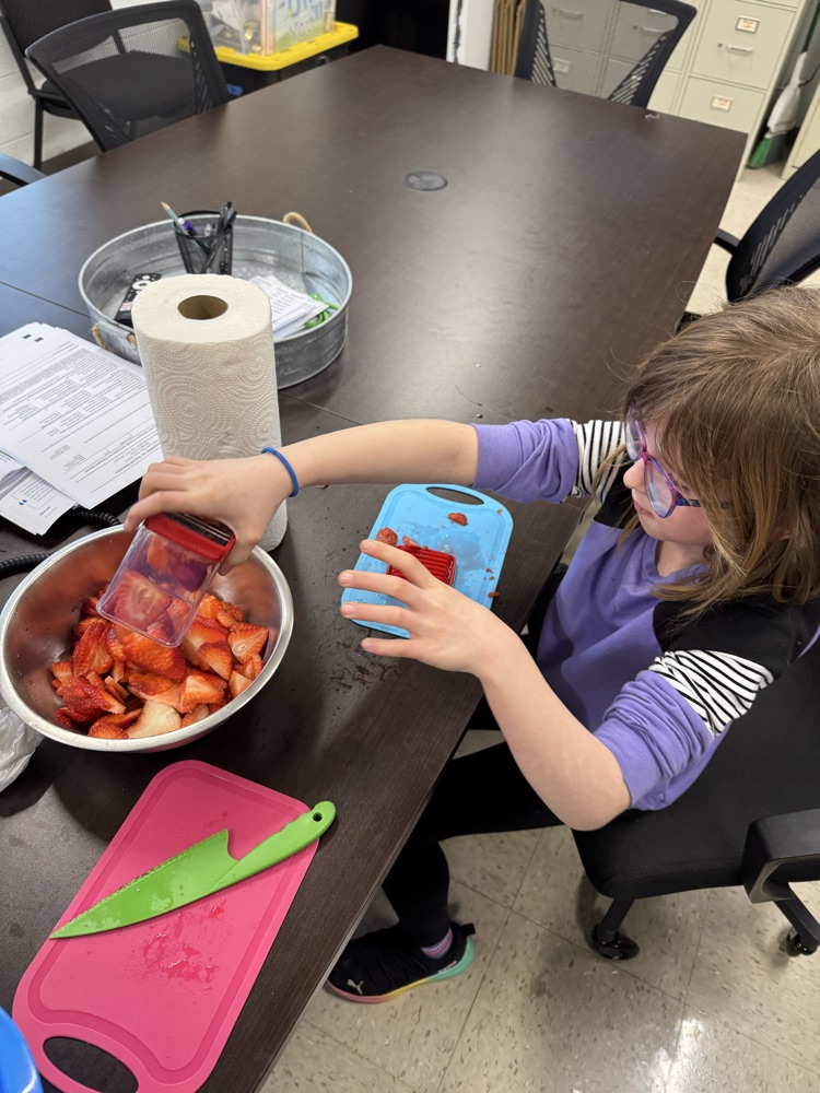 a student cutting strawberries for fruit cups  