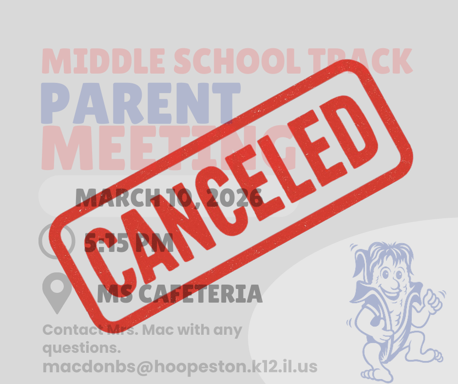 Graphic stating that middle school parent track meeting is canceled. Original Graphic with Red Cancelled Stamp across it. 