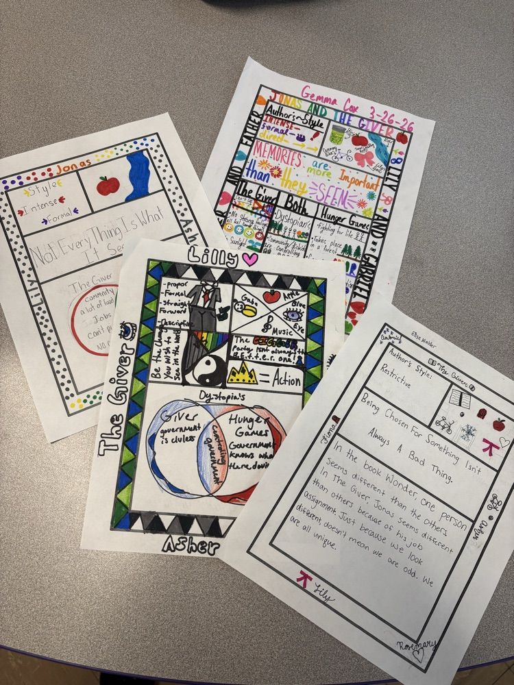 One-pager assignments with drawings and descriptions about “The Giver."