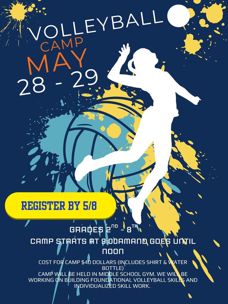 🏐 Volleyball Camp Opportunity! 🏐  We’re excited to share that the HAHS Volleyball Program is hosting a 2-day volleyball camp for students entering grades 2–8!  📅 Dates: May 28 & May 29 ⏰ Time: 9:00 AM – 12:00 PM 📍 Location: Middle School Gym  This camp will focus on foundational volleyball skills like serving, passing, setting, and hitting  💲 Cost: $40 (includes a shirt & water bottle) 🗓 Registration Deadline: May 8  📄 Flyers are available in the Middle School office for pickup.  This is a great opportunity for students to learn, improve skills, and have fun!