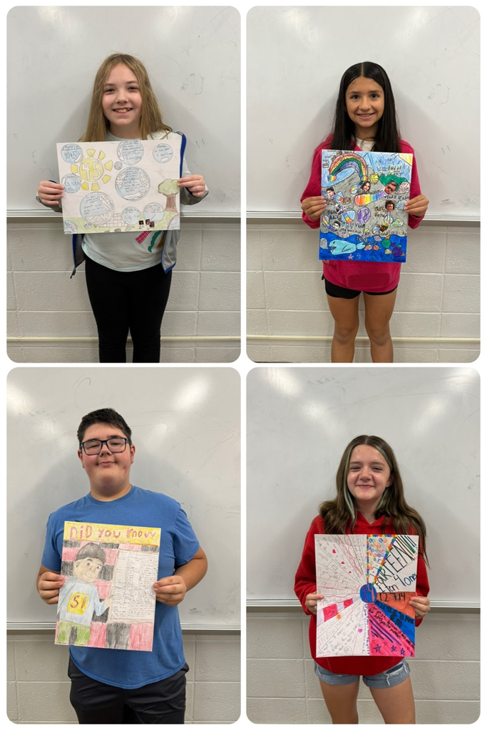 collage of 4 students posing with their lucky number project posters