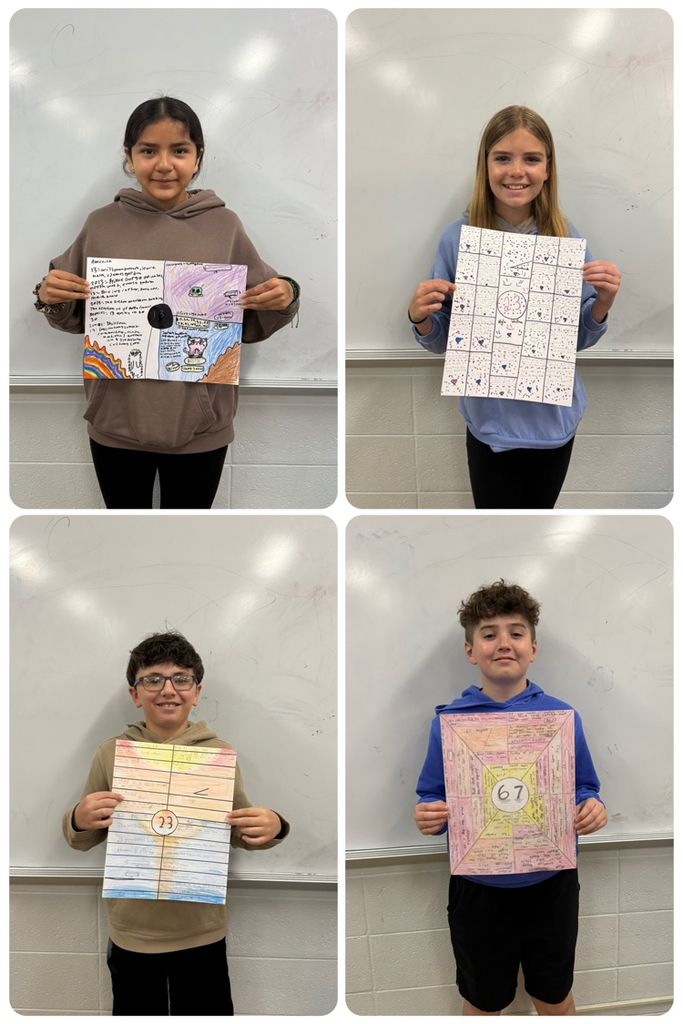 collage of 4 students posing with their lucky number project posters
