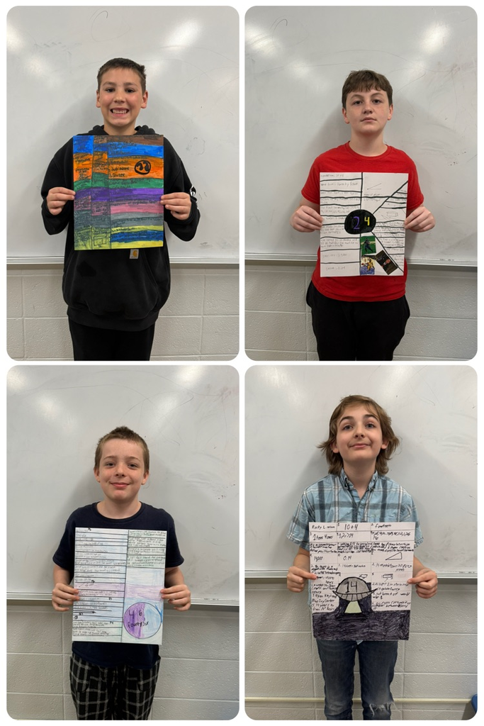 collage of 4 students posing with their lucky number project posters