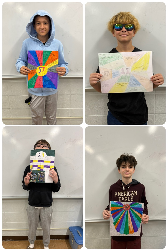 collage of 4 students posing with their lucky number project posters