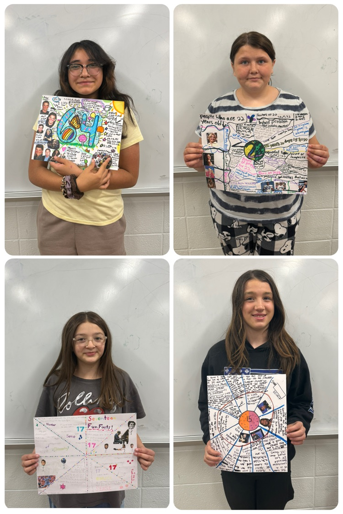 collage of 4 students posing with their lucky number project posters