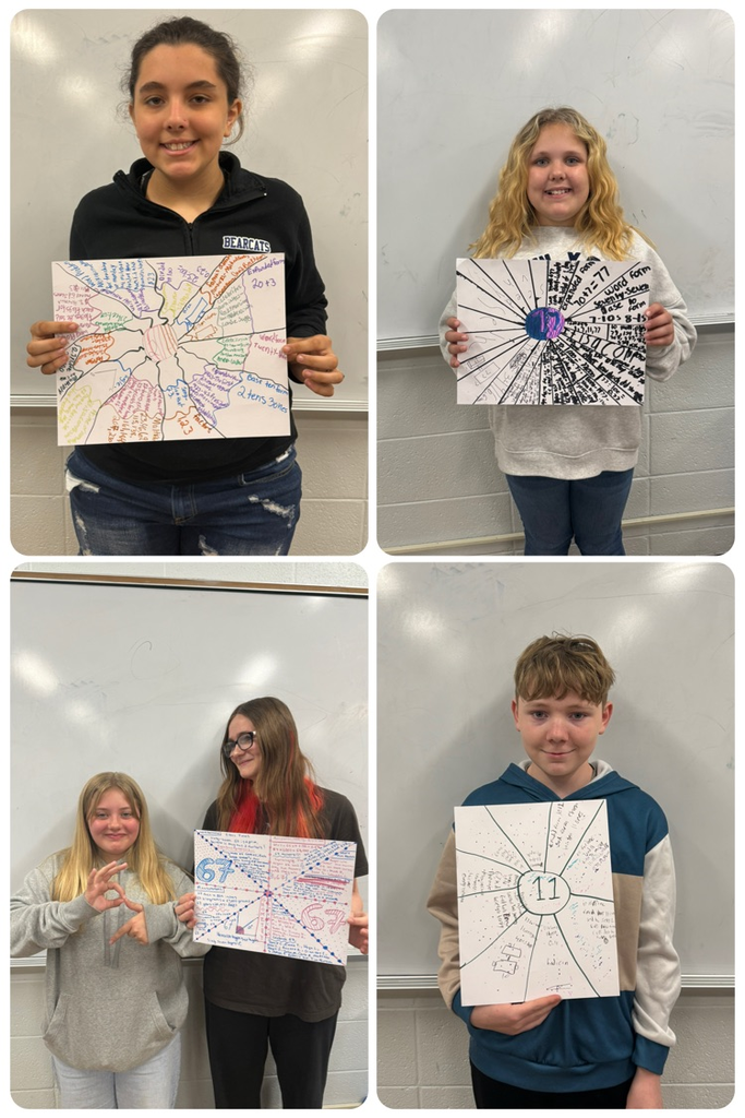 collage of 5 students posing with their lucky number project posters
