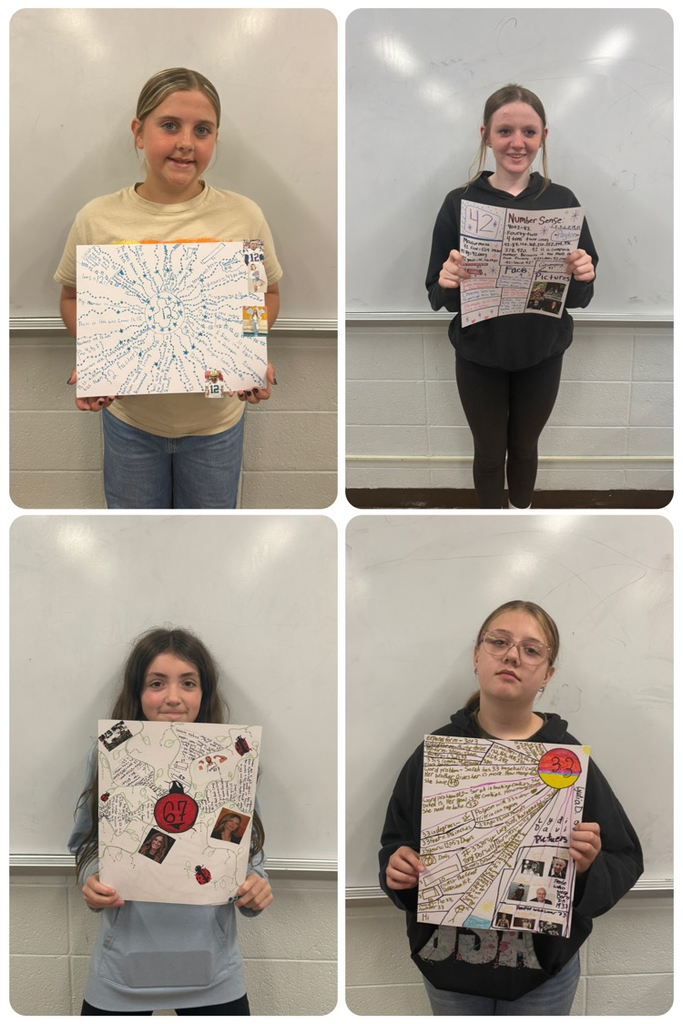 collage of 4 students posing with their lucky number project posters
