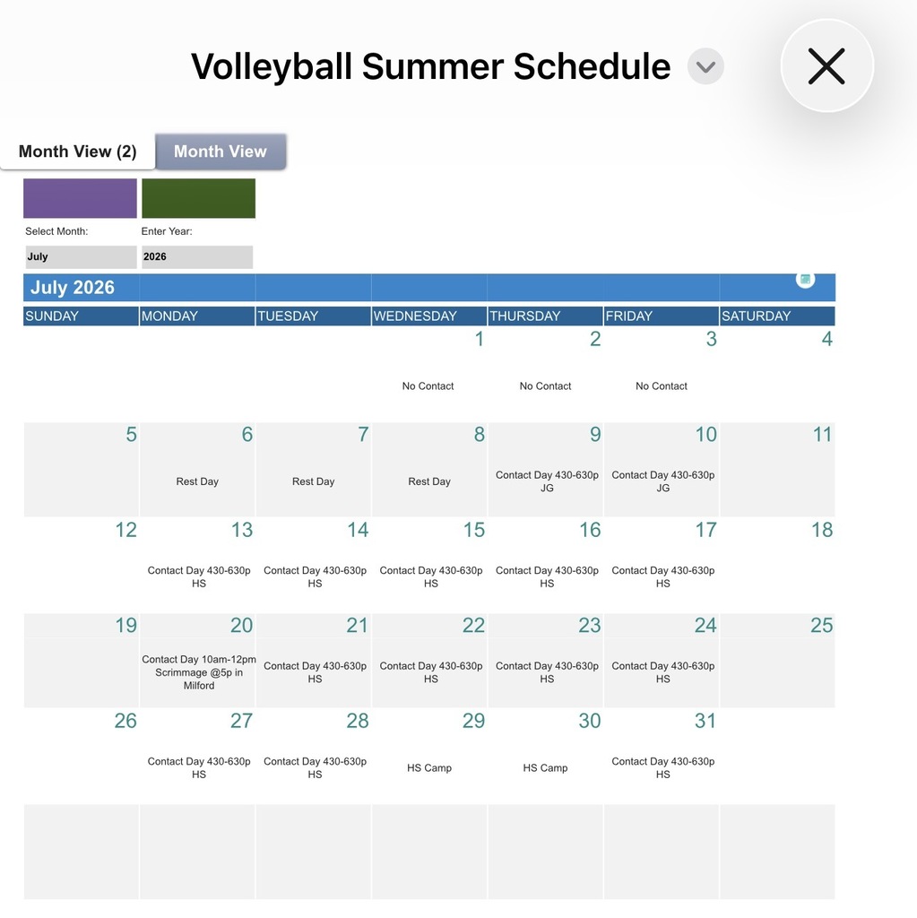 🏐 High School Volleyball Summer Schedule 🏐  Attention high school volleyball players and families! The summer volleyball schedule is here. Please review the attached dates for open gyms, contact days, camps, and other summer opportunities.  We are excited to get back in the gym, continue building our skills, and prepare for a great season. If you have any questions, please reach out to the coaching staff.  Go Cornjerkers! 💙🏐