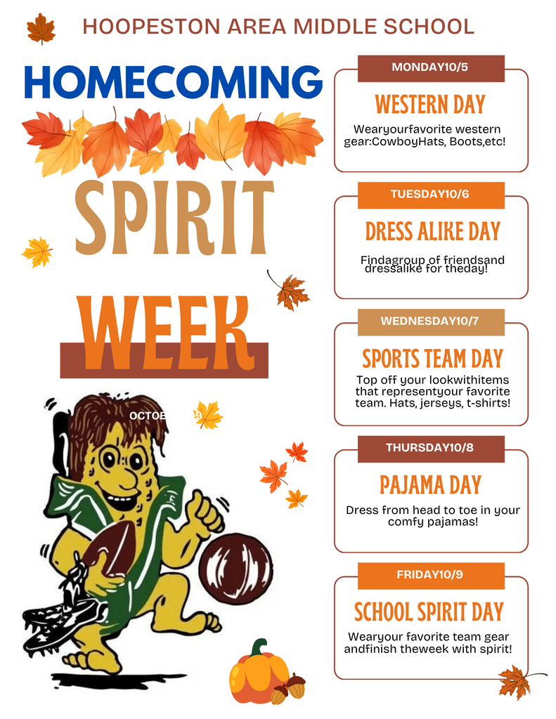 Hoopeston Area Middle School Homecoming Spirit Week themes for the week of October 5 through 9.