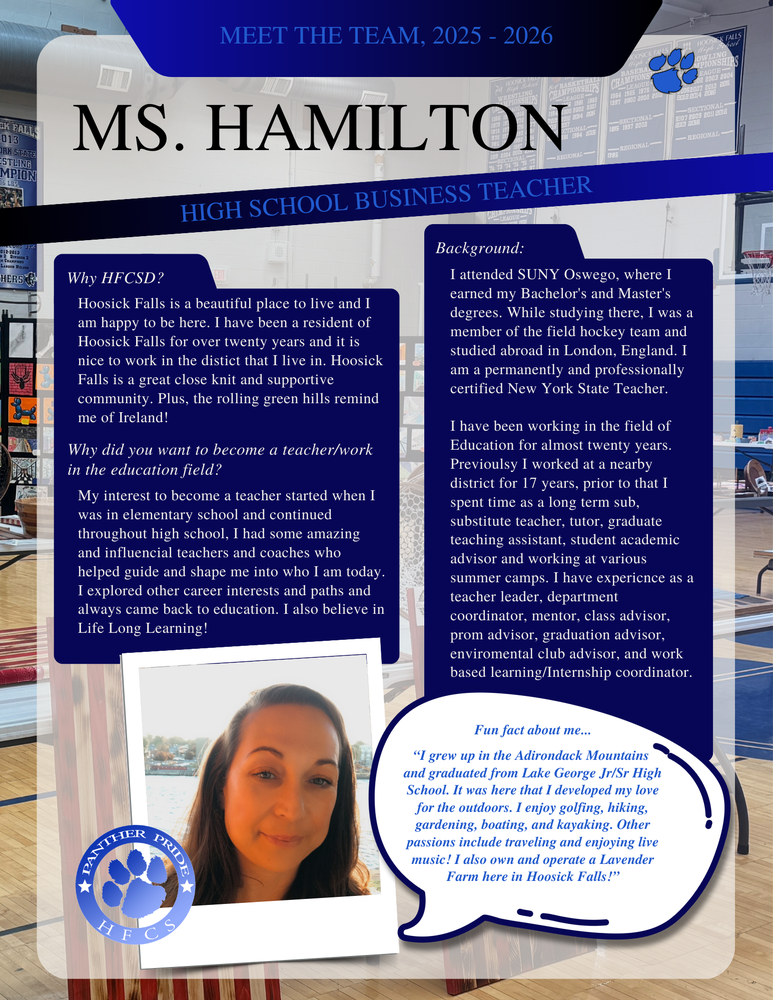 Today's 'Meet the Team' post features High School Business Teacher, Ms. Hamilton!!​ 🐾